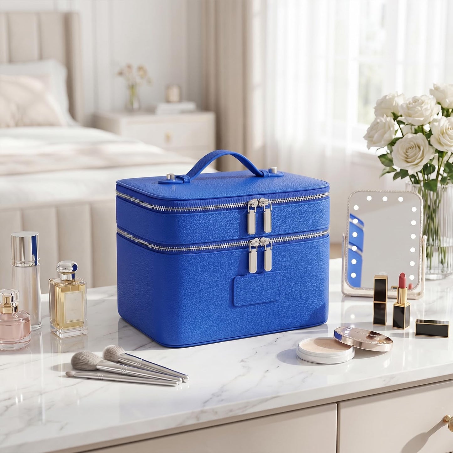 idoltimes Makeup Case,Leather Double Layer Makeup Bag Duo,Large Portable Travel Toiletry Case Cosmetic Organizer for Women