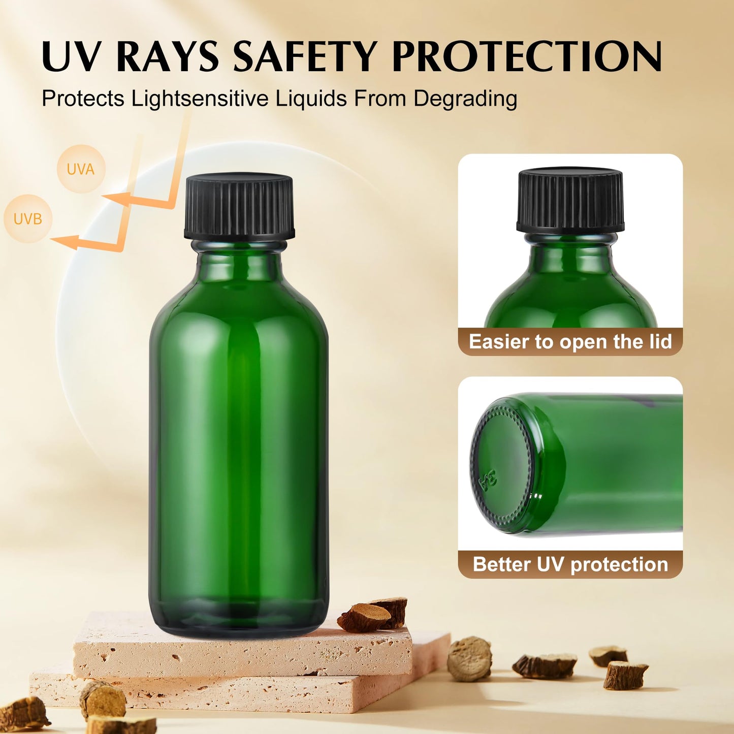 Exlvanto Small Glass Bottles with Lids Boston Round Shot Bottles for Health, Immunity, Ginger Juice, Essential Oils, Potion - Leak Proof Mini Travel Containers (Green UV, 2oz-24Pack)