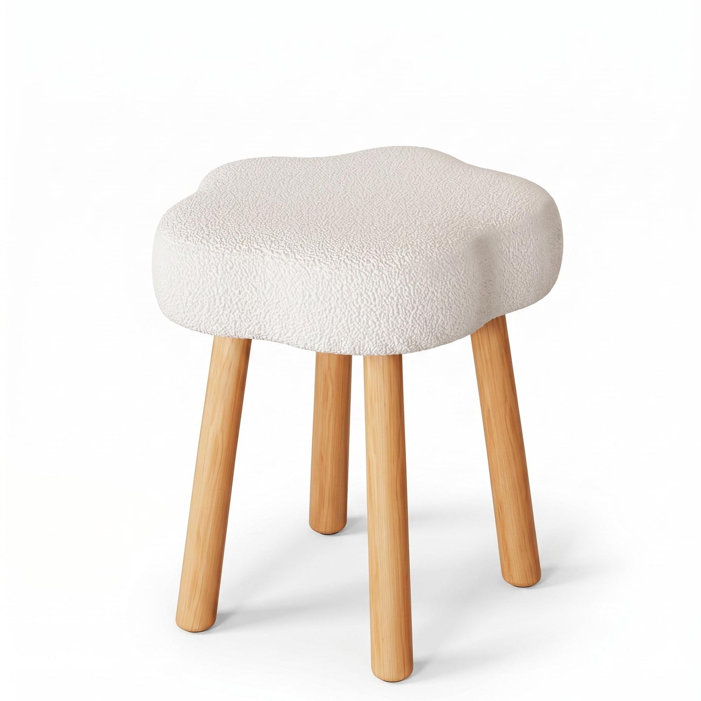 Cmishe Cloud Vanity Stool with Solid Beech Wood Legs, Boucle Makeup Chair for Bedroom, Flower Shaped Upholstered Ottoman, Cute Dressing Stool for Girls & Dorm, Cream White