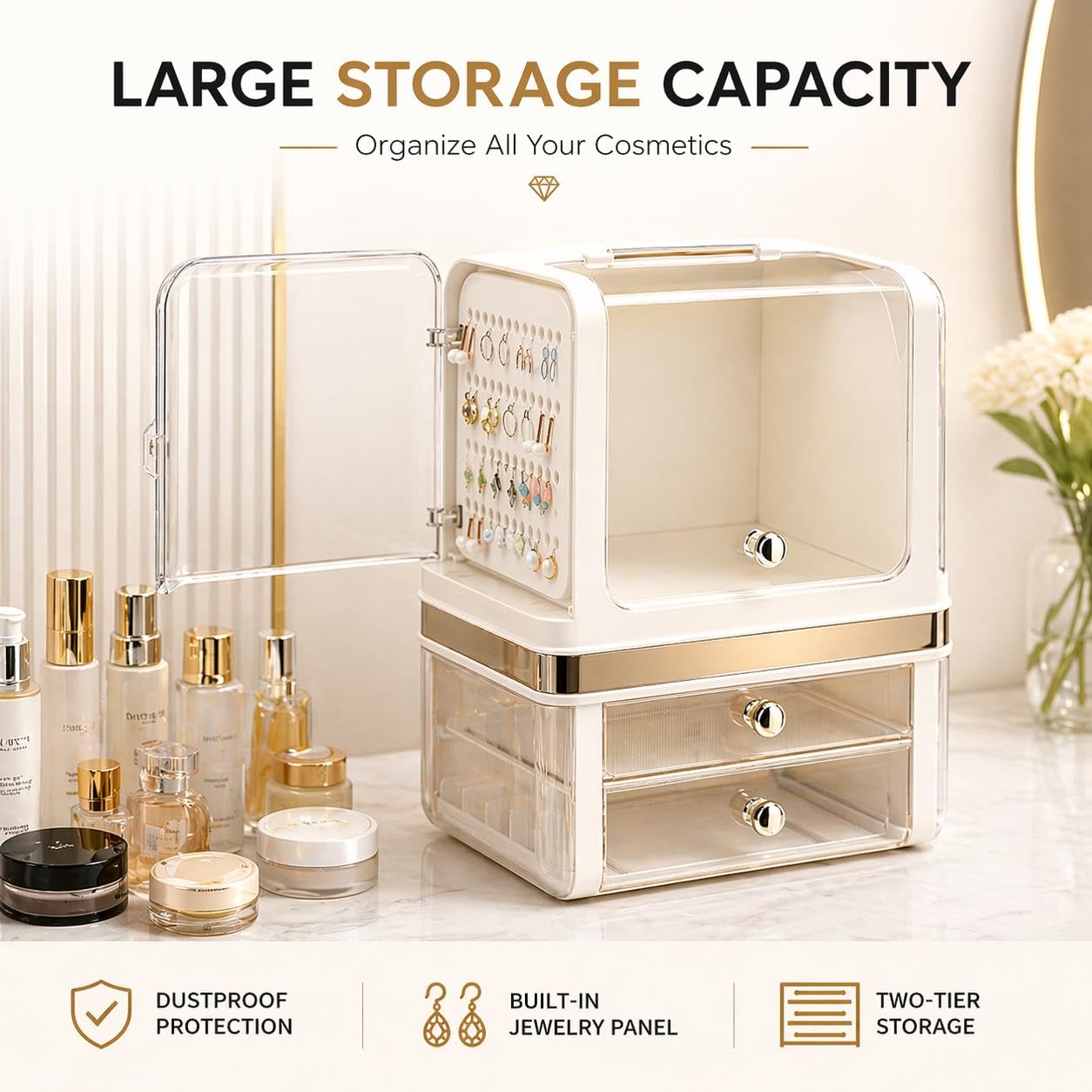 Makeup Organizer with Drawers, Large Acrylic Dustproof Cosmetic Storage Box with Lid, 2-Layer Vanity Organizer for Skincare, Perfume & Bathroom Countertop (28.5 × 20 × 38 cm)