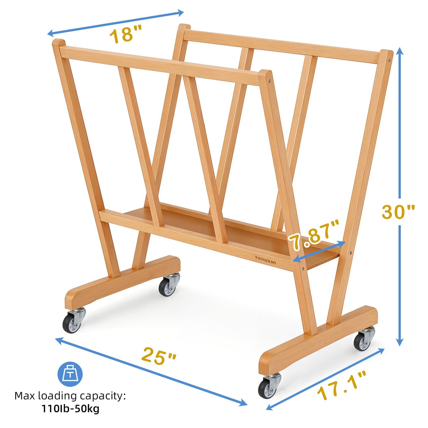 Falling in Art Large Wooden Print Rack with Rolling Casters, Art Drying and Display Storage Rack for Canvas, Prints, Panels, Posters, Shows and Art Exhibitions, Natural