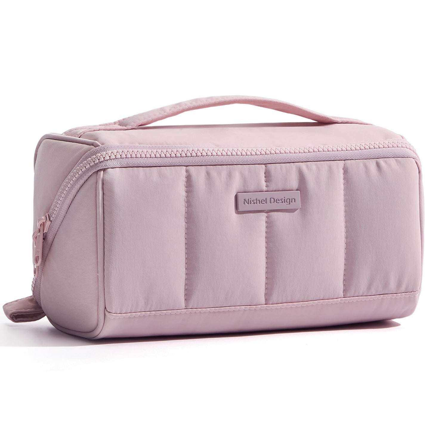 NISHEL Travel Makeup Bag for Women, Fluffy & Lightweight Open Flat Cosmetic Organizer with Multiple Functional Divider for Brush Independent Storage, Handle for Easy Portability, Peach-Pink