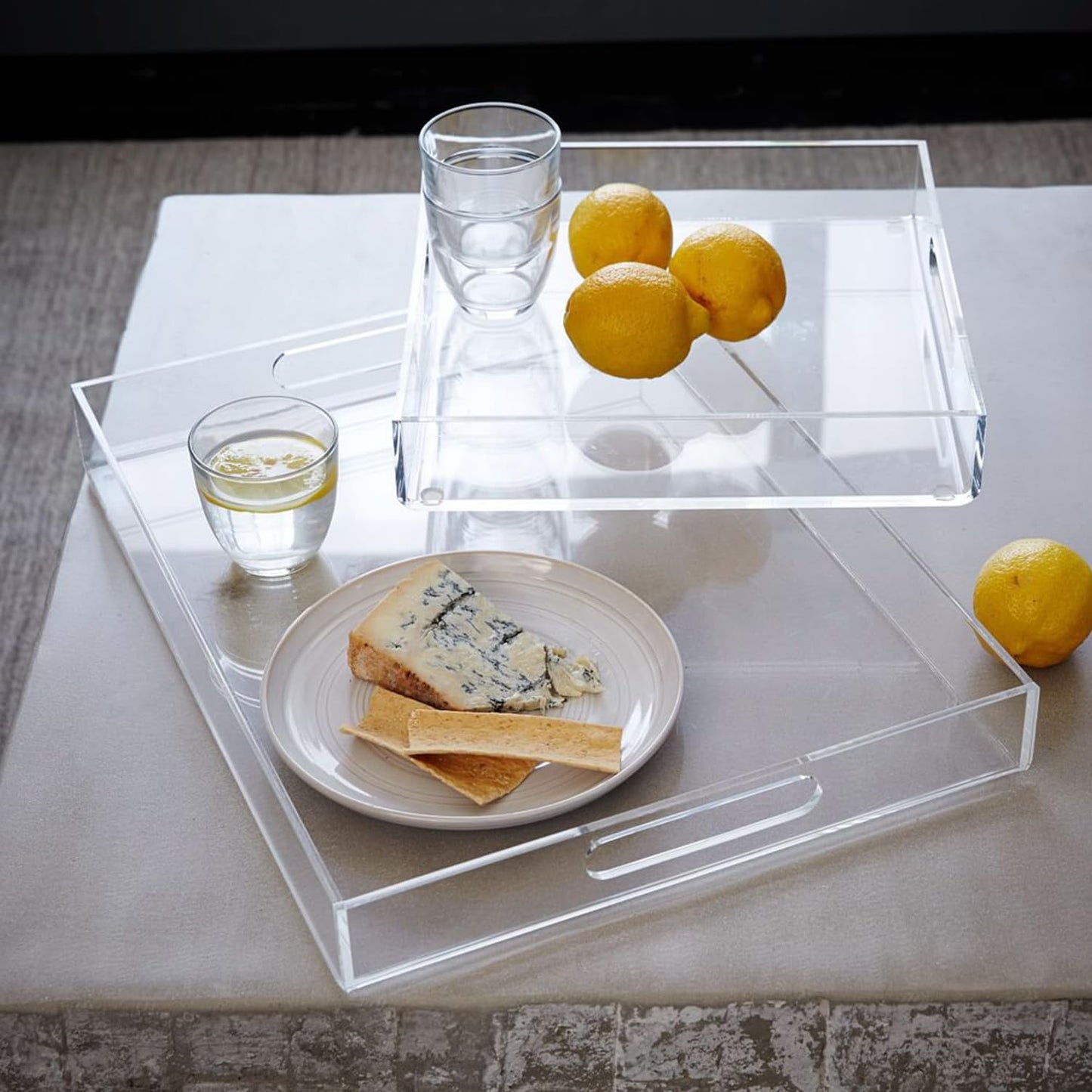 Sturdy 16" Acrylic Serving Tray with Handles - Ottoman Coffee Table Organizer for Food, Tea, Snacks, Vanity & Kitchen Countertop - Multi-Use for Bathroom, Living Room, Bar Parties (Transparent)