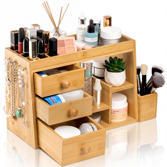 Elsjoy Large Countertop Bamboo Makeup Organizer with 3 Drawers, 12-Grid Lipstick Holder, Jewelry Hanging Hooks, Makeup Brush Holder, Desktop Wood Cosmetic Organizer Stand for Vanity