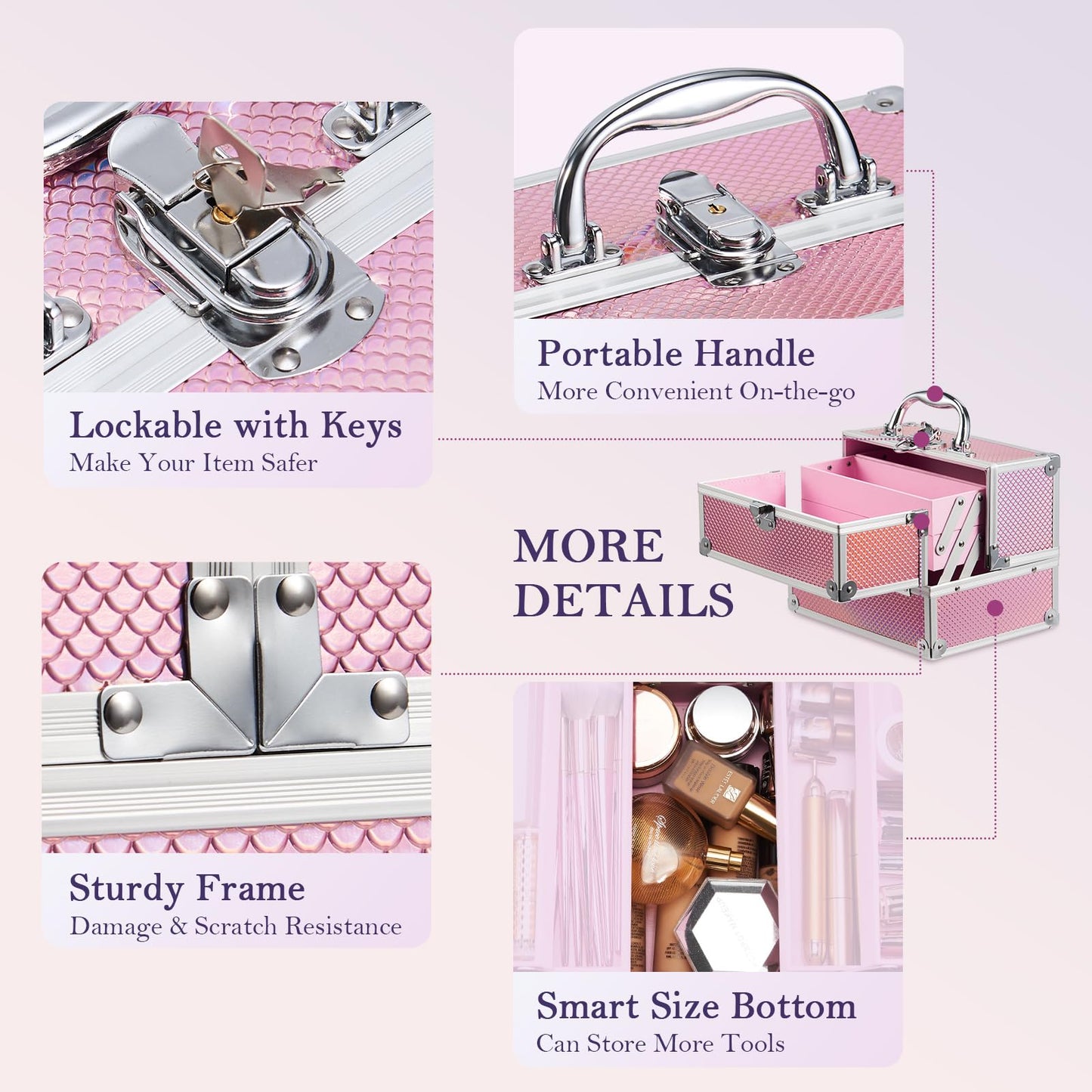 FRENESSA Makeup Train Case 8.85 Inch Portable Makeup Case Organizer Cosmetic Box Make Up Box Makeup Organizer Cosmetic Storage Cases with Locking Nail Kit Organizer Small Travel Case Mermaid Pink