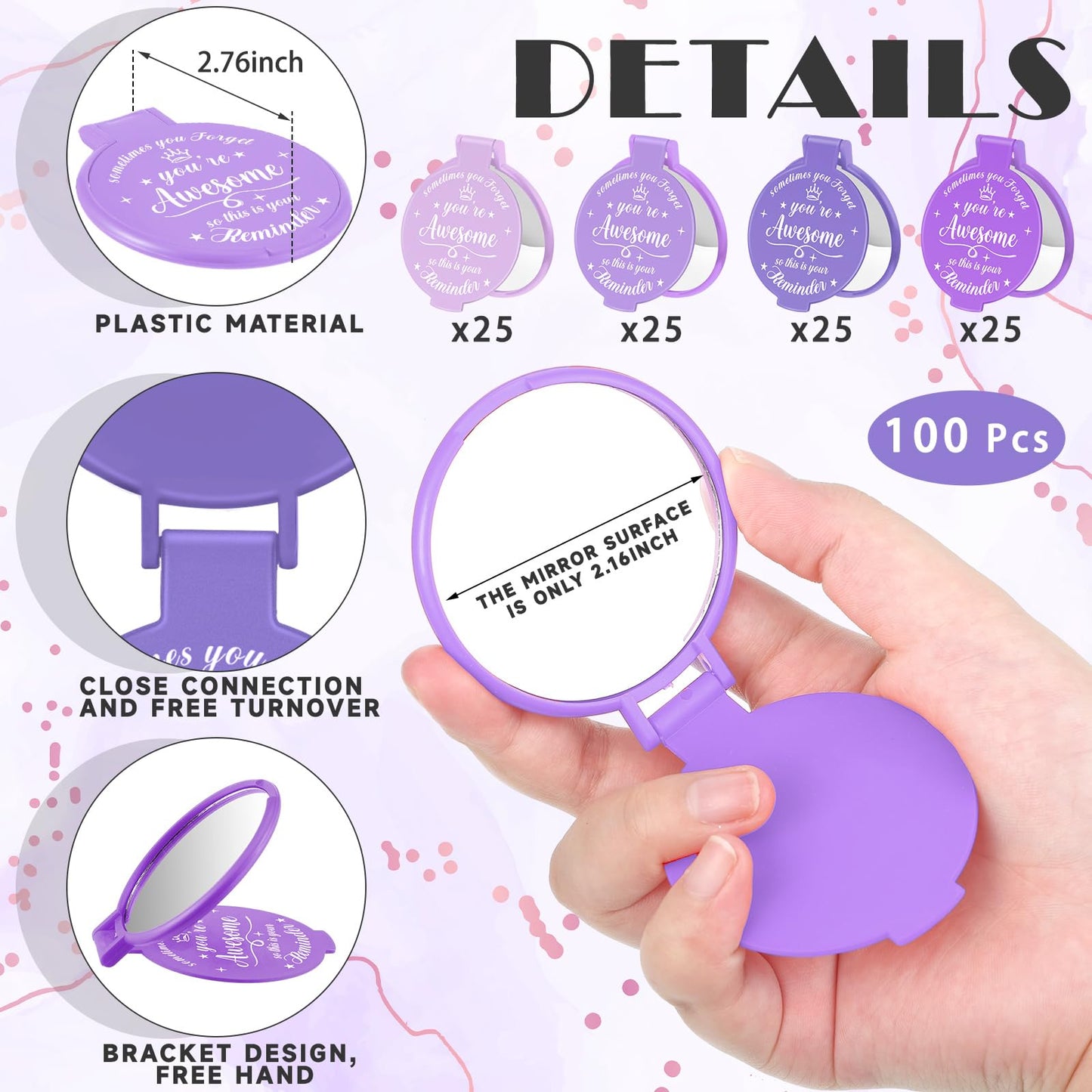 Gulfmew 100 Pcs 2.76 Inch Inspirational Compact Mirror Bulk Women Small Gifts Graduation Mothers Day Party Favors Purse Mirror Pocket Mini Items for Adult Coworker Cheerleader Swag Bag (Purple Series)