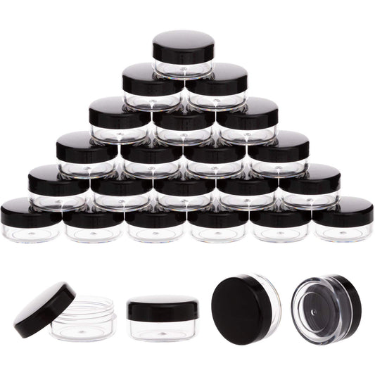 100 Pack 3 Gram Sample Containers with Lids, 3ml Mini Sample Jars, Tiny Plastic Cosmetic Containers for Lip Balms, Makeup, Lotion, Eye Shadow, Powder, and Lip Balms (Black Lids)