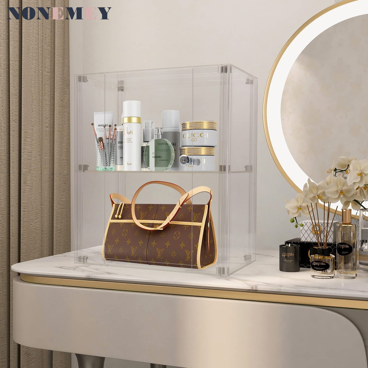 NONEMEY Acrylic Display case with Lock,2 Tier Lockable Security Display Case, Dustproof Protection Countertop Organizer Box for Collectibles (2Tier 14×8×16inch；35×20×41cm)