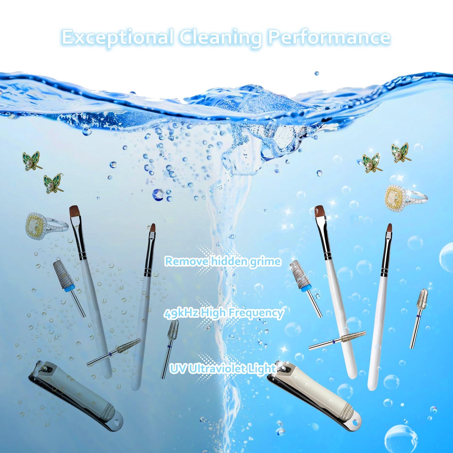 2-in-1 Nail Tools Cleaner Machine with 4 Timers Mode, 49kHz High-Frequency Vibration Ultrasonic, for Nail Drill Bits/Brushes/Nail Clippers/Jewelry, etc. Professional Salon & Home Kit, 5 Years Warranty