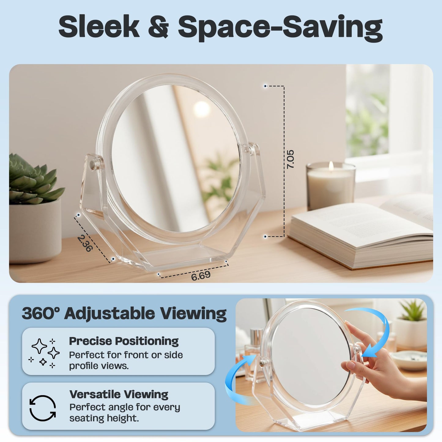 Danielle Creations Round Acrylic Vanity Mirror, Clear 1x/10x Magnifying Makeup Mirror with Soft Touch Stand, Tabletop Desk Bathroom Vanity Mirror, Portable Compact Mirror