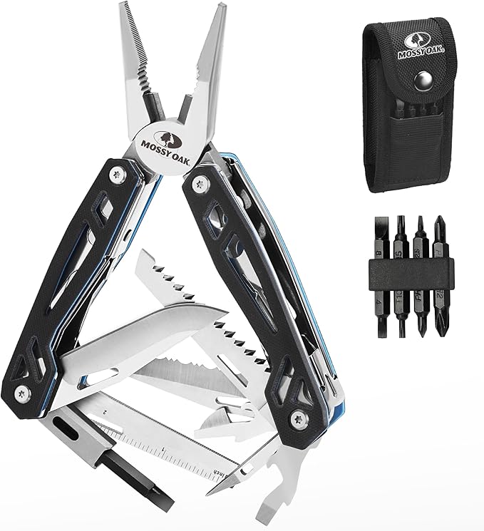 MOSSY OAK Multitool, 21-in-1 Stainless Steel Pocket Knife with G10 Handle, Screwdriver Sleeve, Self-locking Pliers with Sheath-Perfect for Outdoor, Survival, Camping, Hiking, Simple Repair