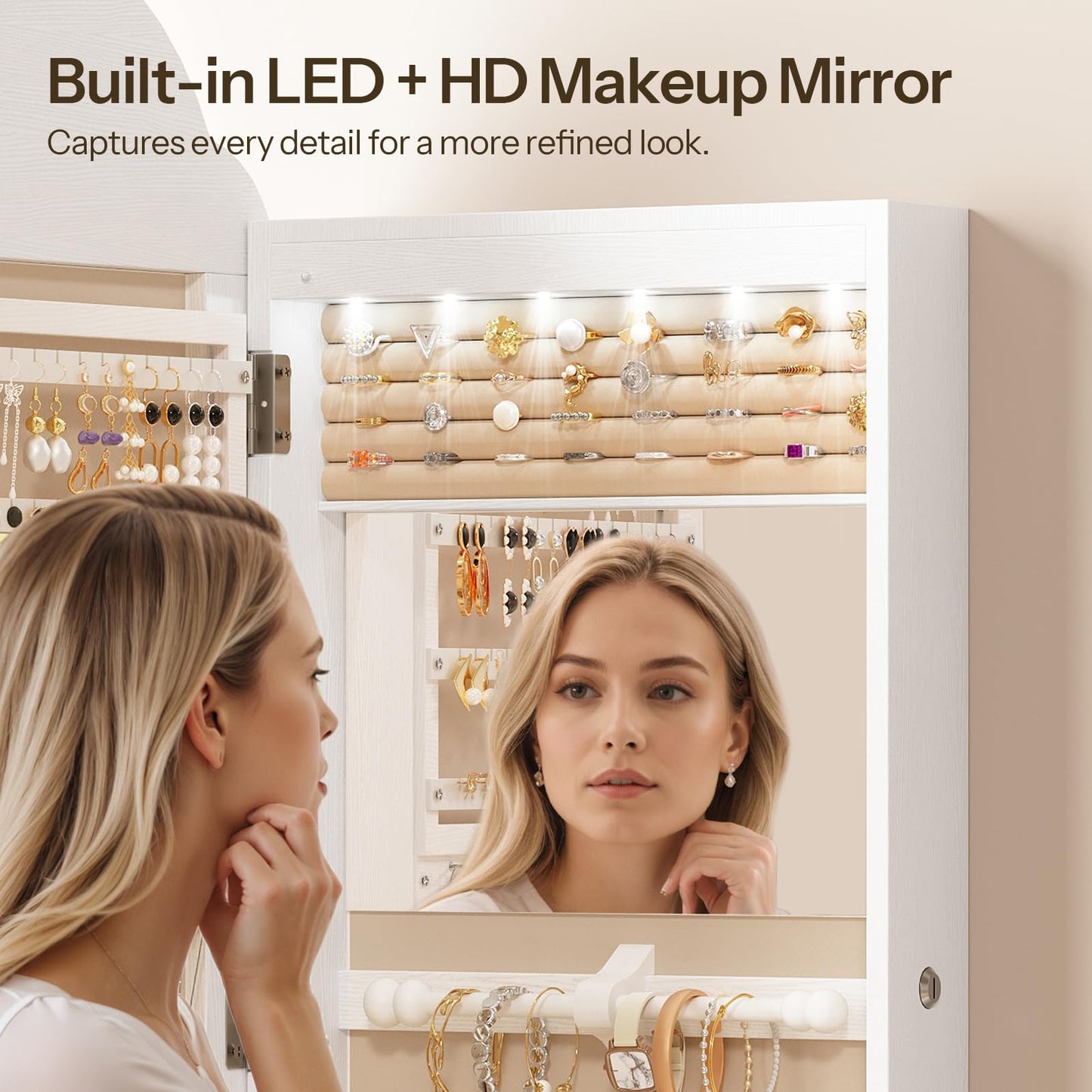 HOOBRO Jewelry Cabinet Wall/Door Mounted, LED Jewelry Organizer, Lockable