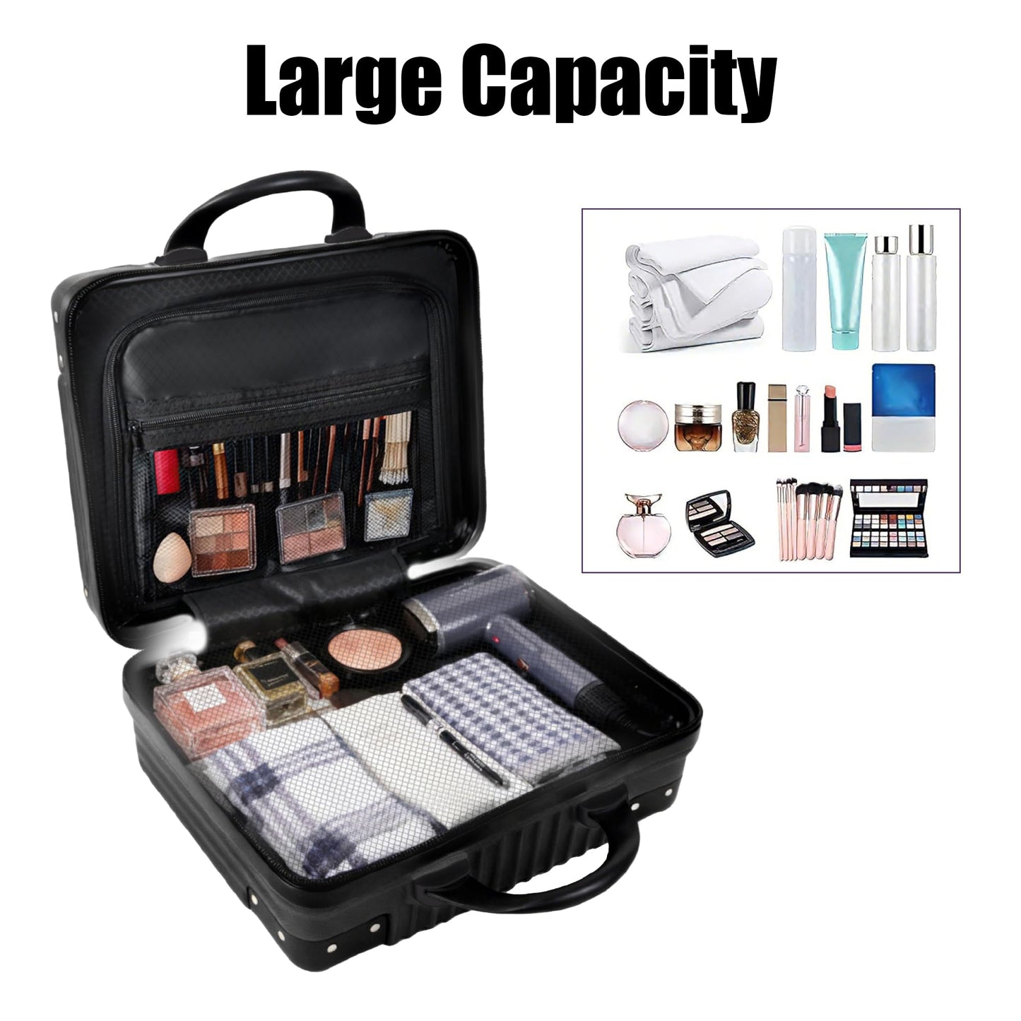 Feybaul Vanity Case, 14 Inch Hard Shell Makeup Travel Suitcase with Elastic Strap for Luggage Handle, Small Cosmetic Train Case & Toiletry Organizer Box for Women Girls (Black)