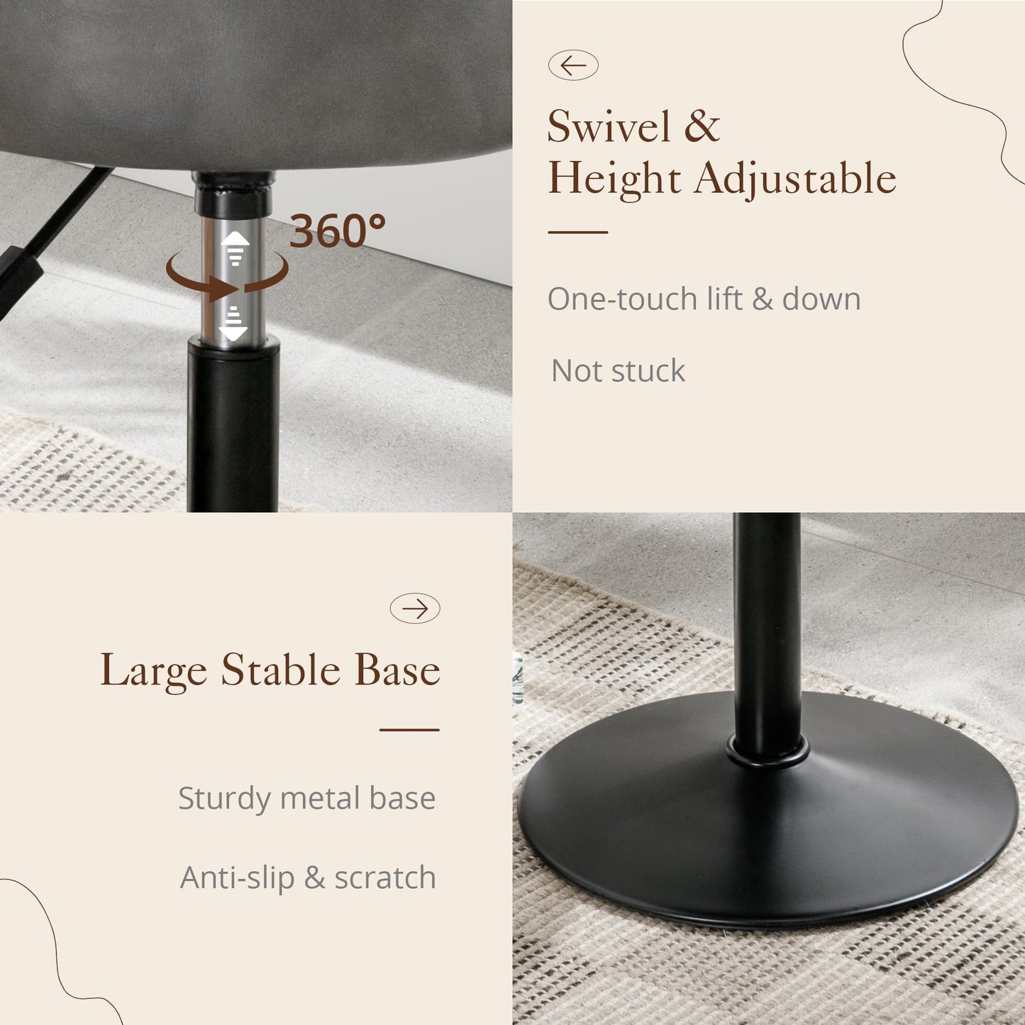 LUE BONA Height Adjustable Vanity Stool 15.8"-20.7", 360° Swivel Gray Faux Leather Chair, 300lb Capacity for Makeup Room, Bathroom