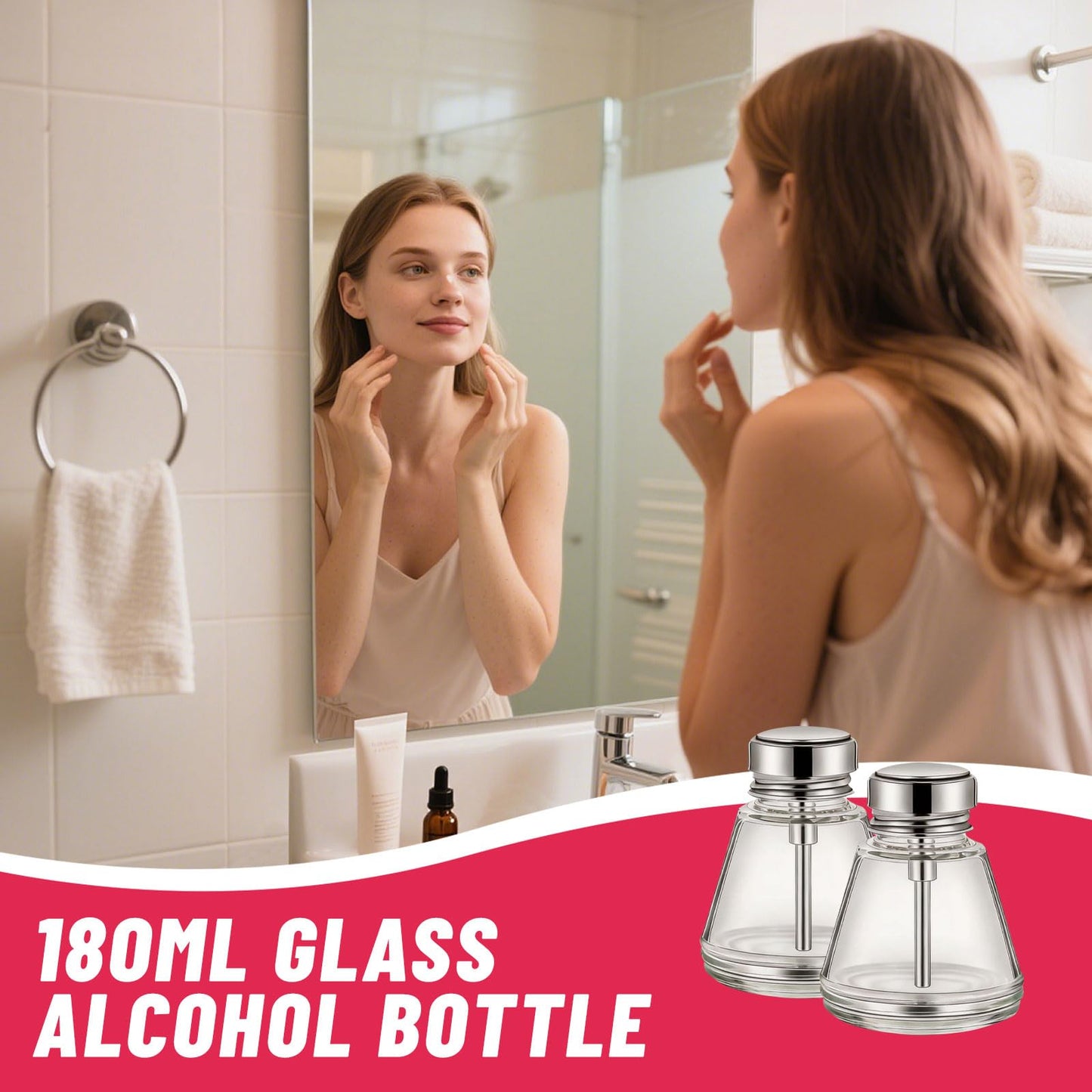 2 Pcs 6 Oz/ 180 ml Clear Pump Dispenser Bottle with Metal Flip Cover Glass Nail Polish Remover Push Down Dispenser Bottle Refillable Push Down Pump Dispenser Press Container for Makeup Remover