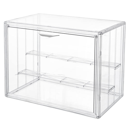 Attelite Clear Acrylic Display Case,3 Tier Display Shelf with 2 Movable Plate, Stackable Protection Showcase for Action Figures, Display Storage Box Countertop with Magnetic Door