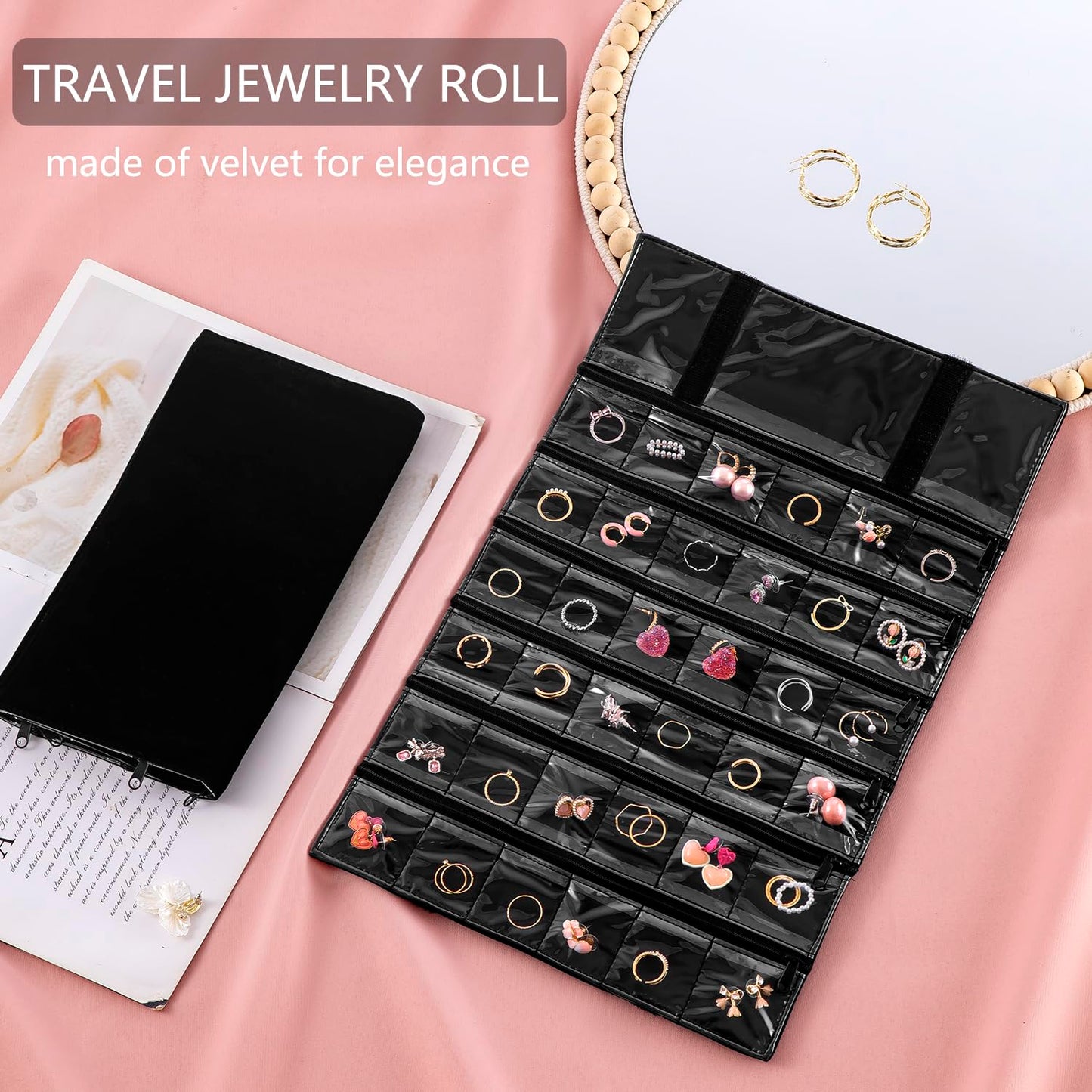 TEMUORG Travel Jewelry Organizer Foldable Jewelries Rolls Makeup Cosmetics Storage Bag for Earrings Rings Necklaces Bracelets with Zippered Pockets (36 Pockets)