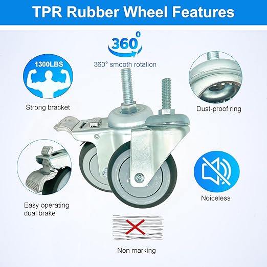 4 inch Swivel Caster Wheels Heavy Duty with Nylon Brake, 3/8"-16x1 Threaded Stem Casters Set of 4, TPR Rubber Wheels for Hospital, Lab, Furnitures,Restaurant