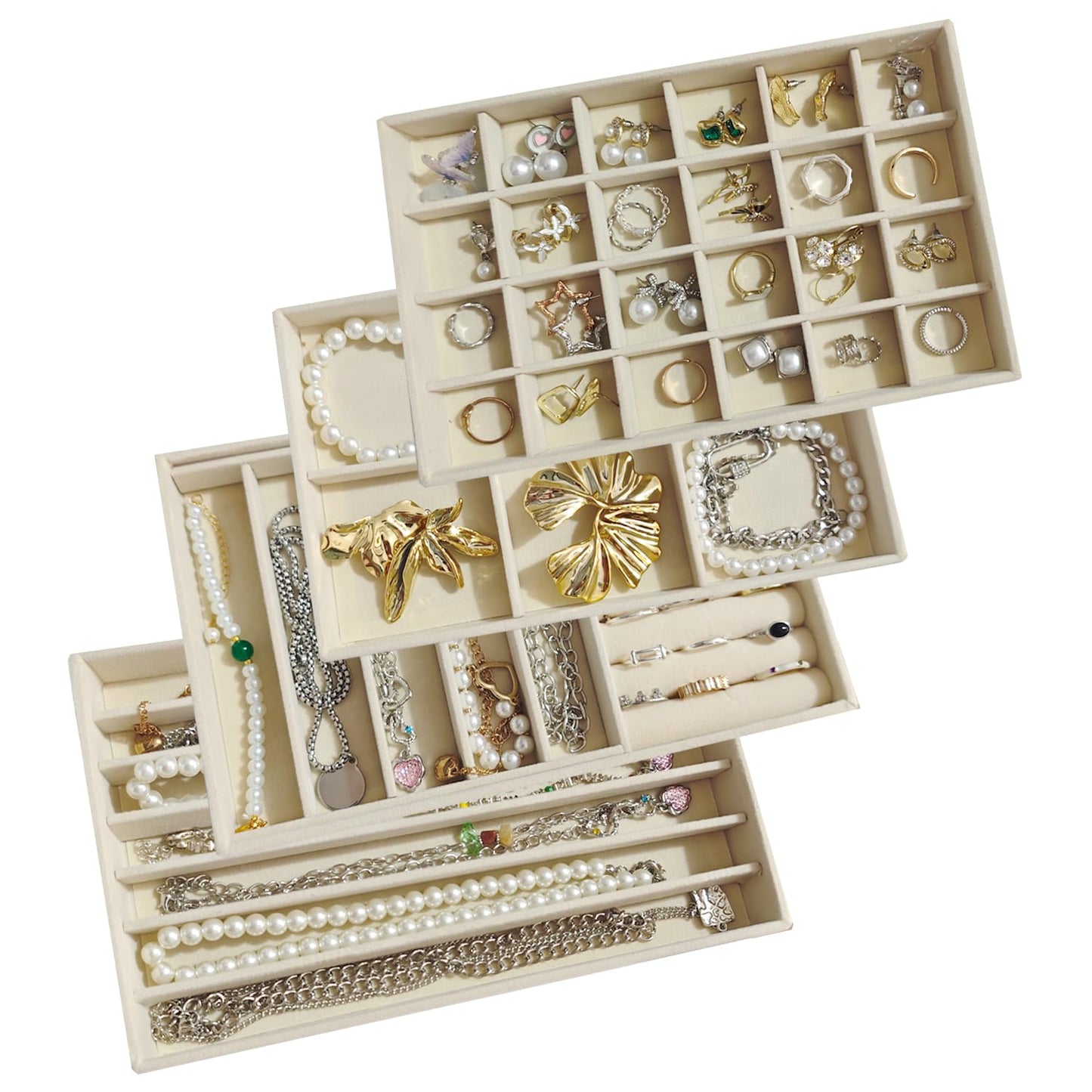 KATISYIO Stackable Jewelry Trays Organizer for Drawer Set of 4 – Velvet Drawer Inserts Organizer Jewelry Organizers and Display Set for Earrings, Rings, Necklaces, Bracelets (Beige)