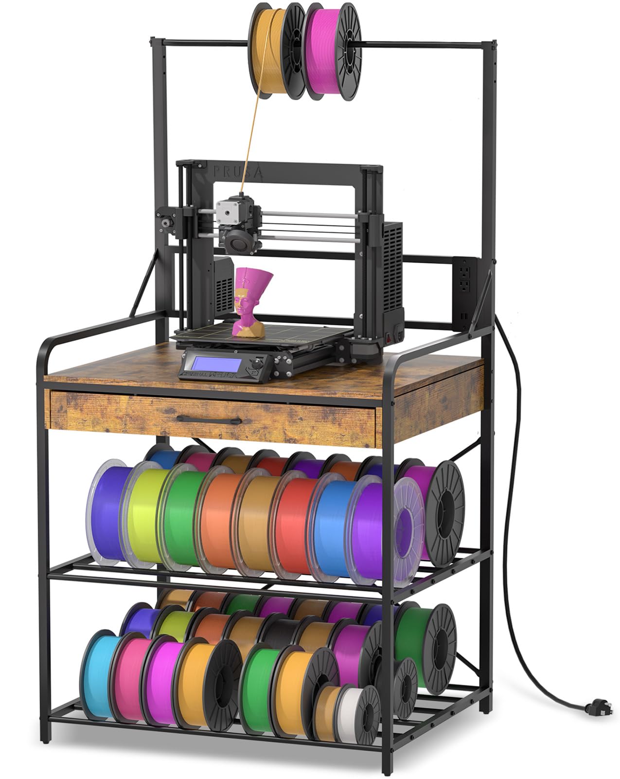 Anrigeail 3D Printer Stand with Power Hub and Top Storage Shelf – Heavy Duty X-Bracket Stability, 3-Tier Storage & Tool Organizer for Workshop and Office