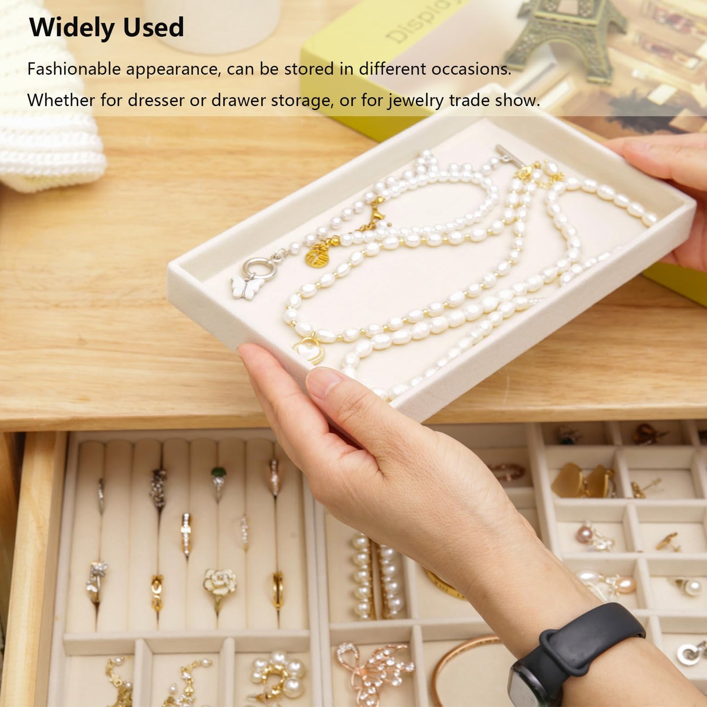 AIRZSNRY Velvet Jewelry Organizer for Drawer, Stackable Jewelry Drawer Inserts in Dresser, 8in Beige Storage Display Case for Rings Stud Necklaces Accessories, Set of 4