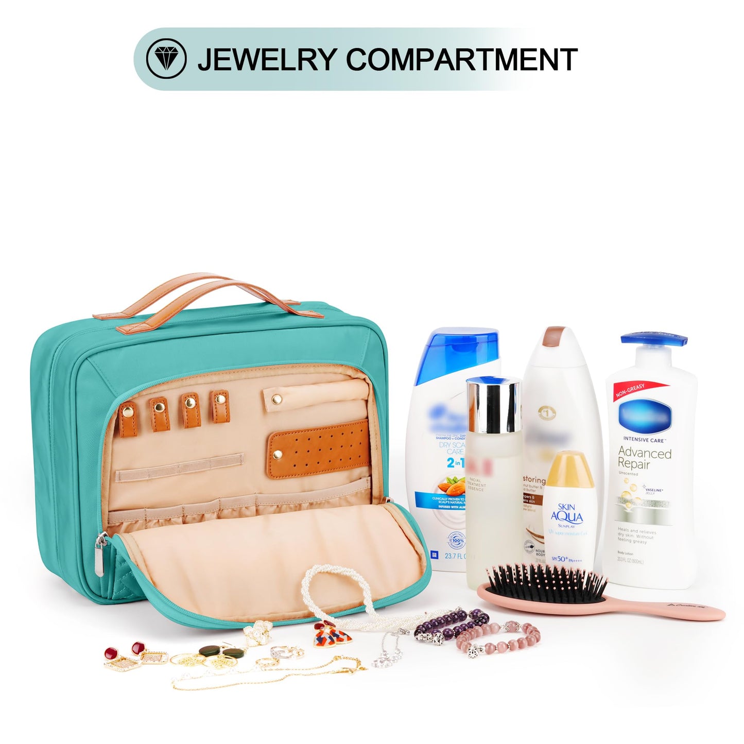COOSKY Travel Hanging Toiletry Bag for Women, Cruise Ship Essentials, with Jewelry Organizer, Extra Large Makeup Dopp Kit, Waterproof Cosmetic Bags, Toiletries Kit Set with Trolley Belt, Blue