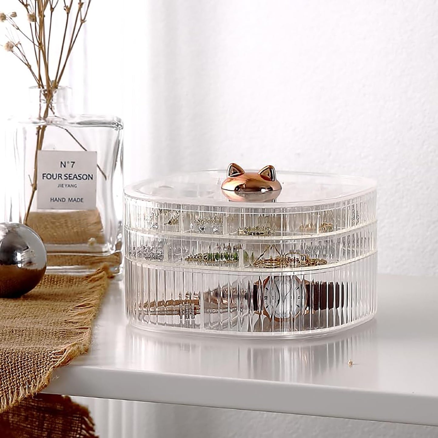 HALAFE Jewelry Box, 3-Layer Acrylic Jewelry Organizer with Cat Shape Handle, Clear Jewelry Boxes for Women Girls, Make up Organizer, Jewelry Storage Holder (Clear, Cat)