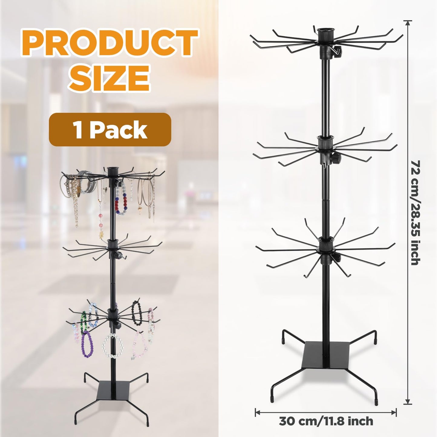 Nodaaiie 3 Tier 28.3 x 11.8 Inch Rotating Display Stand, Earring Display Rack, Black Metal Retail Display Stand with Hooks for Necklace, Bracelet, Earrings, and Keychains, Adjustable Height