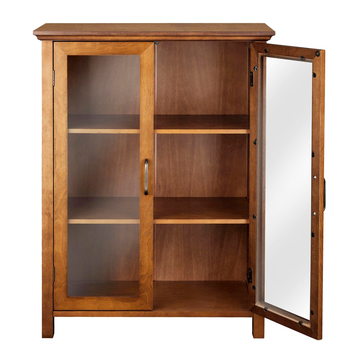 Teamson Home Avery Wooden Freestanding Floor Cabinet with 2 Adjustable Shelves 3 Storage Spaces 2 Glass Paneled Doors and 2 Antique Brass Knobs, Oiled Oak