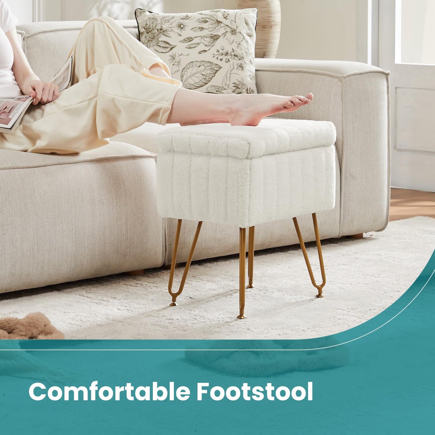 NEWBULIG Vanity Stool Chair with Storage – Faux Fur Padded Makeup Ottoman, Modern Foot Rest Chair for Bedroom, 15.7" L x 11.8" W x 19.4" H, 4 Metal Legs with Anti-Slip Feet, White
