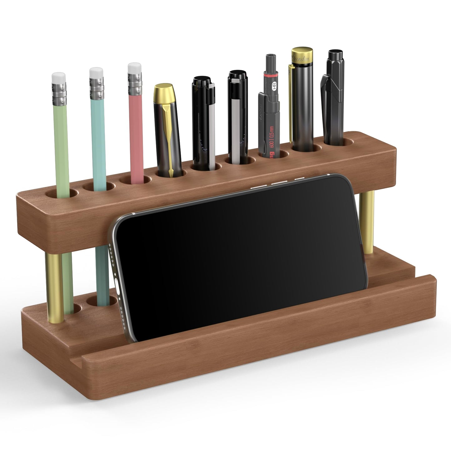 Cewomuc Wooden Holder for Office Desk, Solid Wood Pen Display Stand With 9 Slots and Cell Phone Holder, Aesthetic Pen Organizer for Minimalist Office Desk Decor (Wood+Gold)