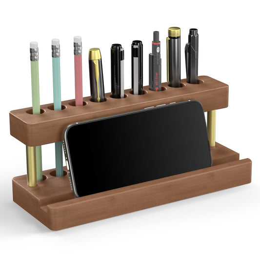 Cewomuc Wooden Holder for Office Desk, Solid Wood Pen Display Stand With 9 Slots and Cell Phone Holder, Aesthetic Pen Organizer for Minimalist Office Desk Decor (Wood+Gold)