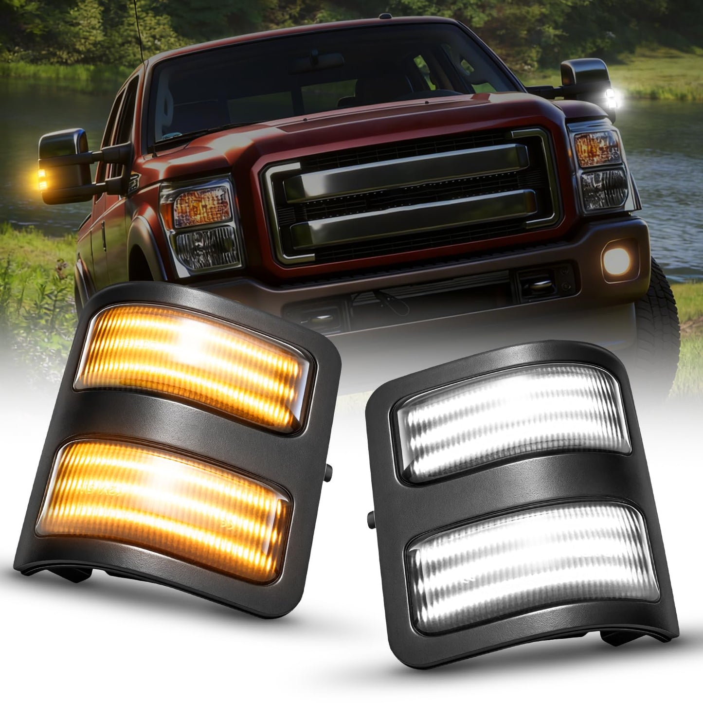 AUTOONE LED Sequential Switchback Side Mirror Marker Lights For 2008-2016 F250 F350 F450 F550 Super Duty, White Running Parking Light & Dynamic Amber Turn Signal Light, Smoke Lens, 2PCS