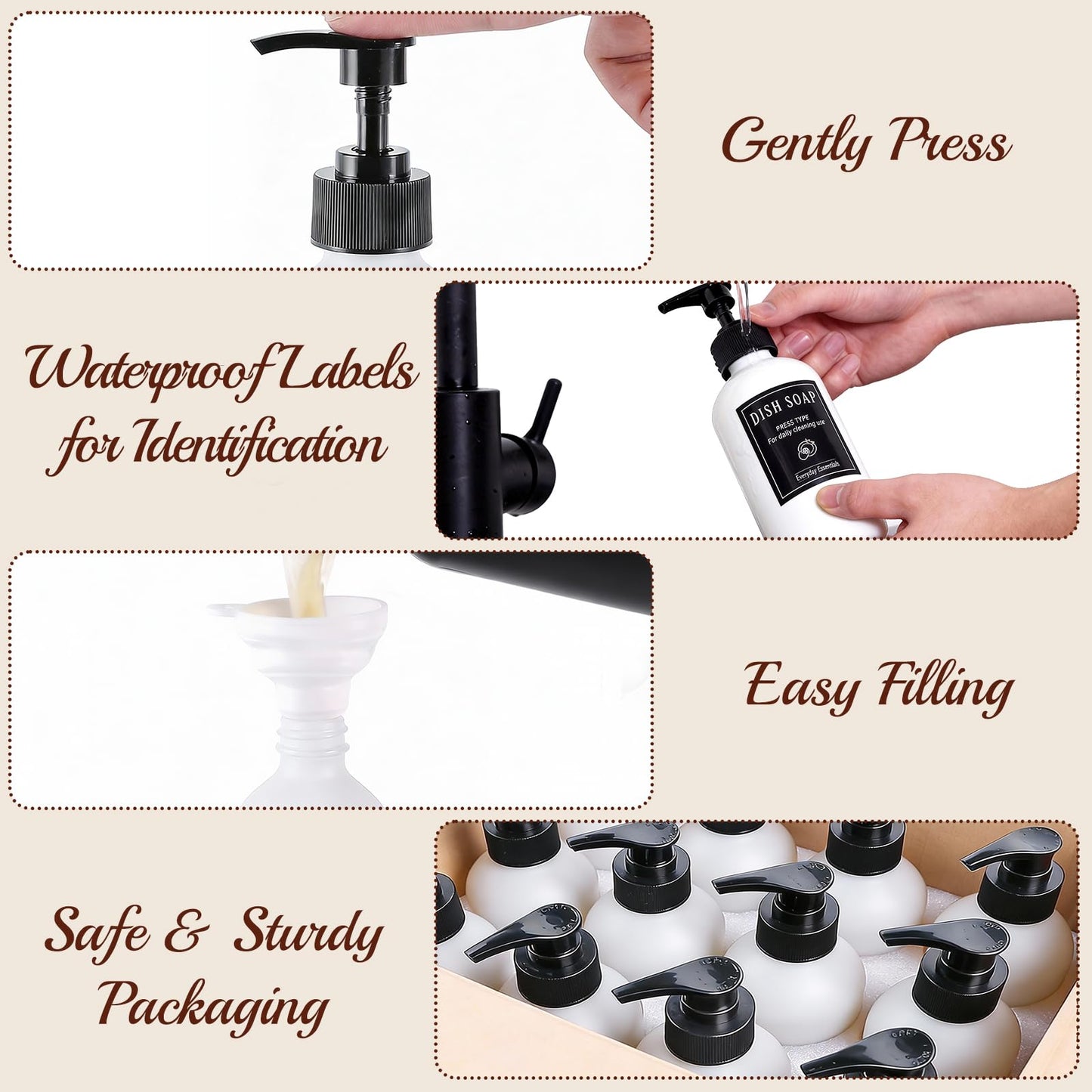 TBWIND 12 Pack 8oz White Glass Soap Dispenser Bottles with Pumps, Refillable Glass Bottles for Shampoo, Conditioner & Lotion, Ideal for Bathroom, Kitchen, Waterproof Labels & Funnels Included