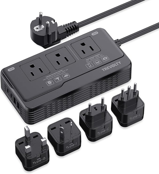 2000W Voltage Converter for Hair Dryers PC Phone Kettle, 220V to 110V Converter US to Europe, 7 in 1, 3 AC/2 USB/2 Type-C Ports, Power Converter Adapter EU/UK/IT/AU Plugs (Black)