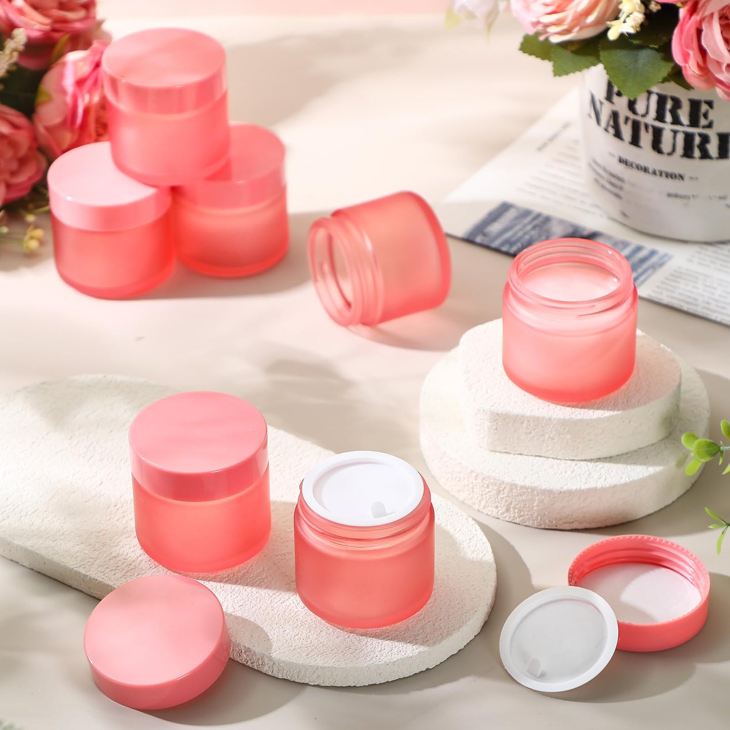 Domensi 48 Pcs 2 oz Glass Jars with Lids Travel Size Round Leakproof Empty Cosmetic Jars with Inner Liners Lid for Storing Makeup Lotions Face Cream Ointments DIY Making (Pink)