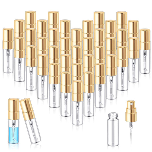 Zhehao 100 Pcs Mini Spray Bottles 3 ml Clear Glass Perfume Bottles Refillable Fine Mist Perfume Atomizer Portable Empty Sample Containers for Cleaning, Essential Oils, Travel (Gold Cap)