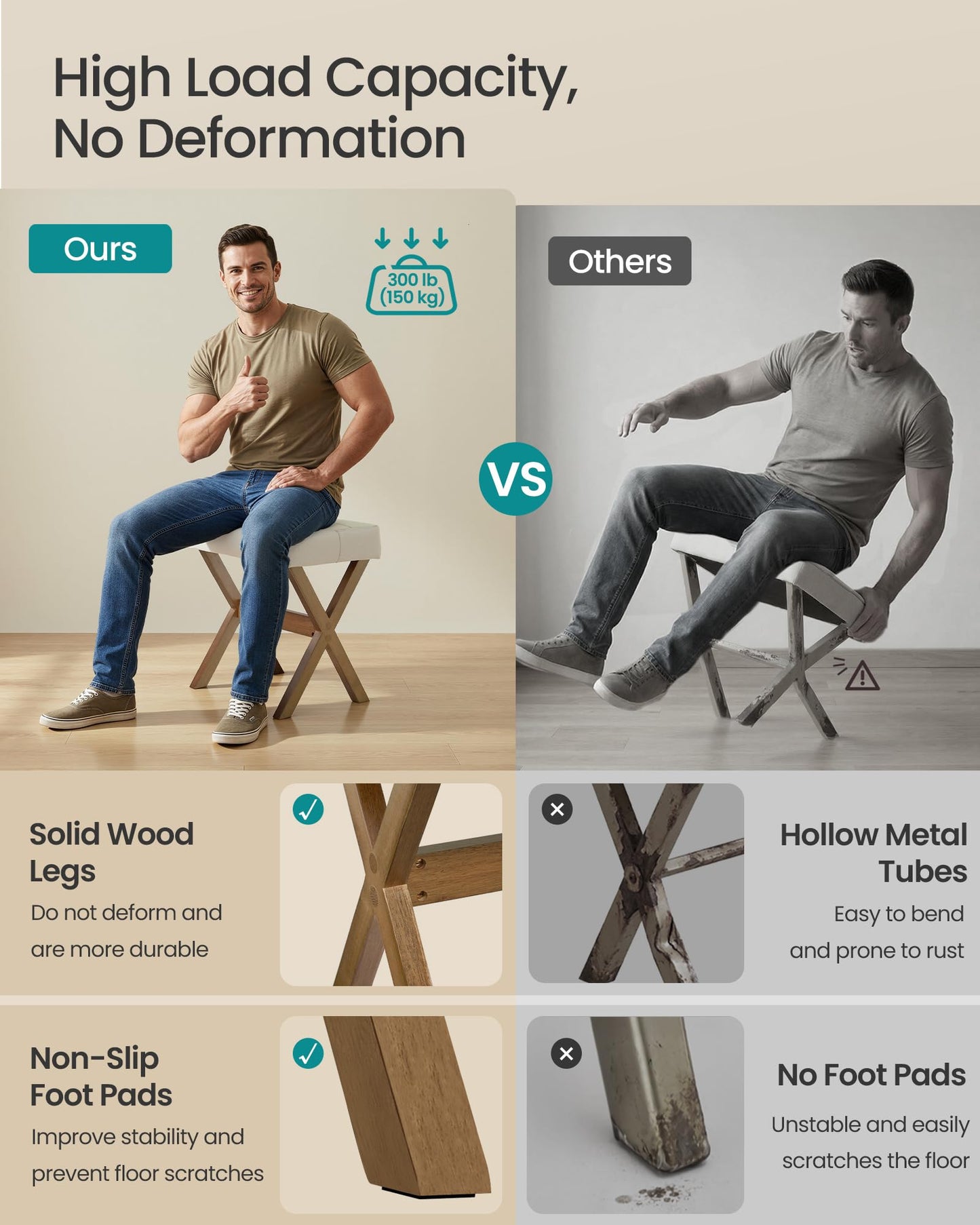 SONGMICS Makeup Stool, Padded Vanity Stool, Foot Rest, Solid Wood X Legs, for Bedroom, Closet, Entryway, 12.6 x 16.5 x 18.1 Inches, Summer Sand and Brown ULSF006LF01