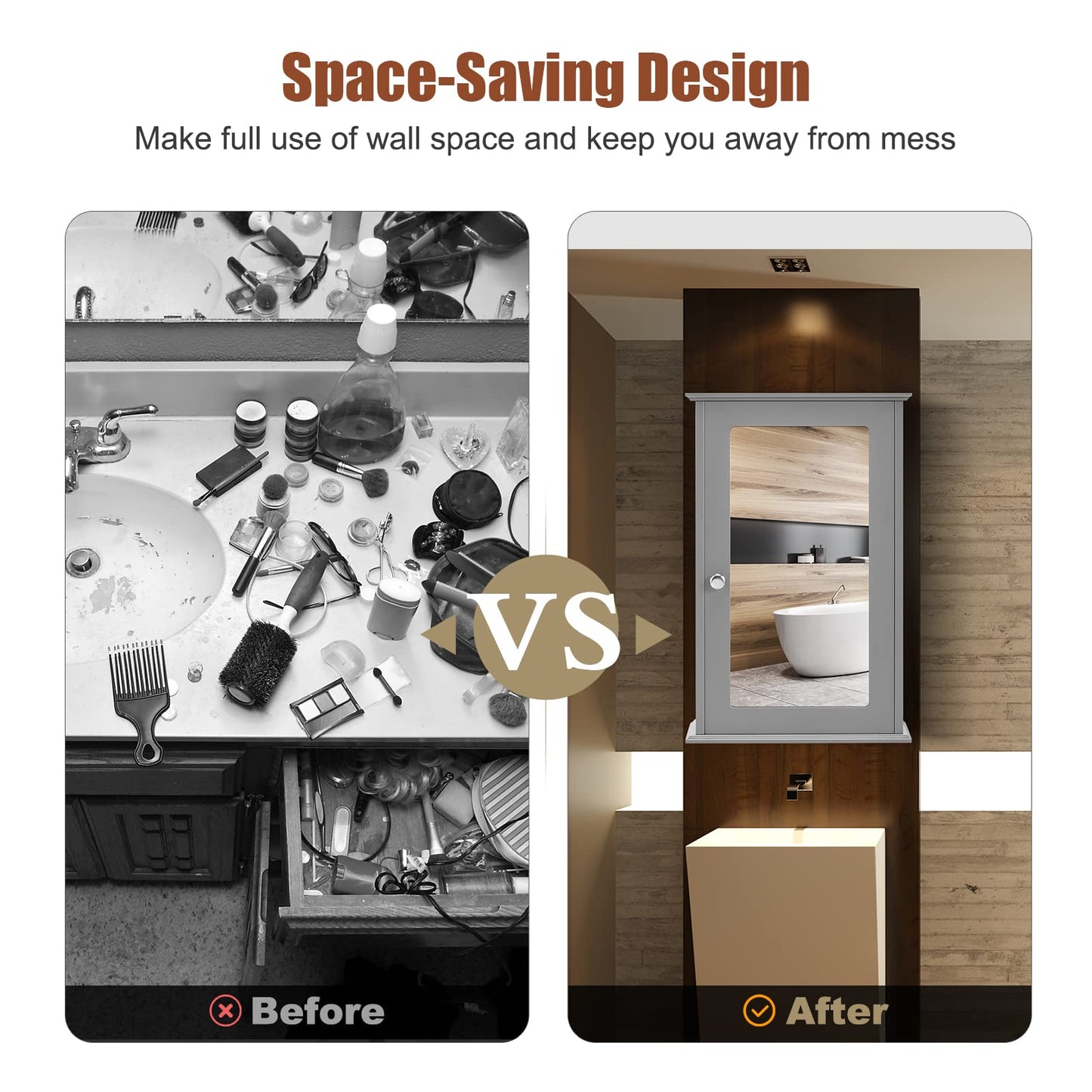 Hysache Bathroom Medicine Cabinet, Wall Mount Mirrored Storage Cabinet w/Single Mirrored Door & Adjustable Shelf, Multipurpose Wooden Organizer for Hallway Living Room Bed, 13.5" L x 6" W (Gray)