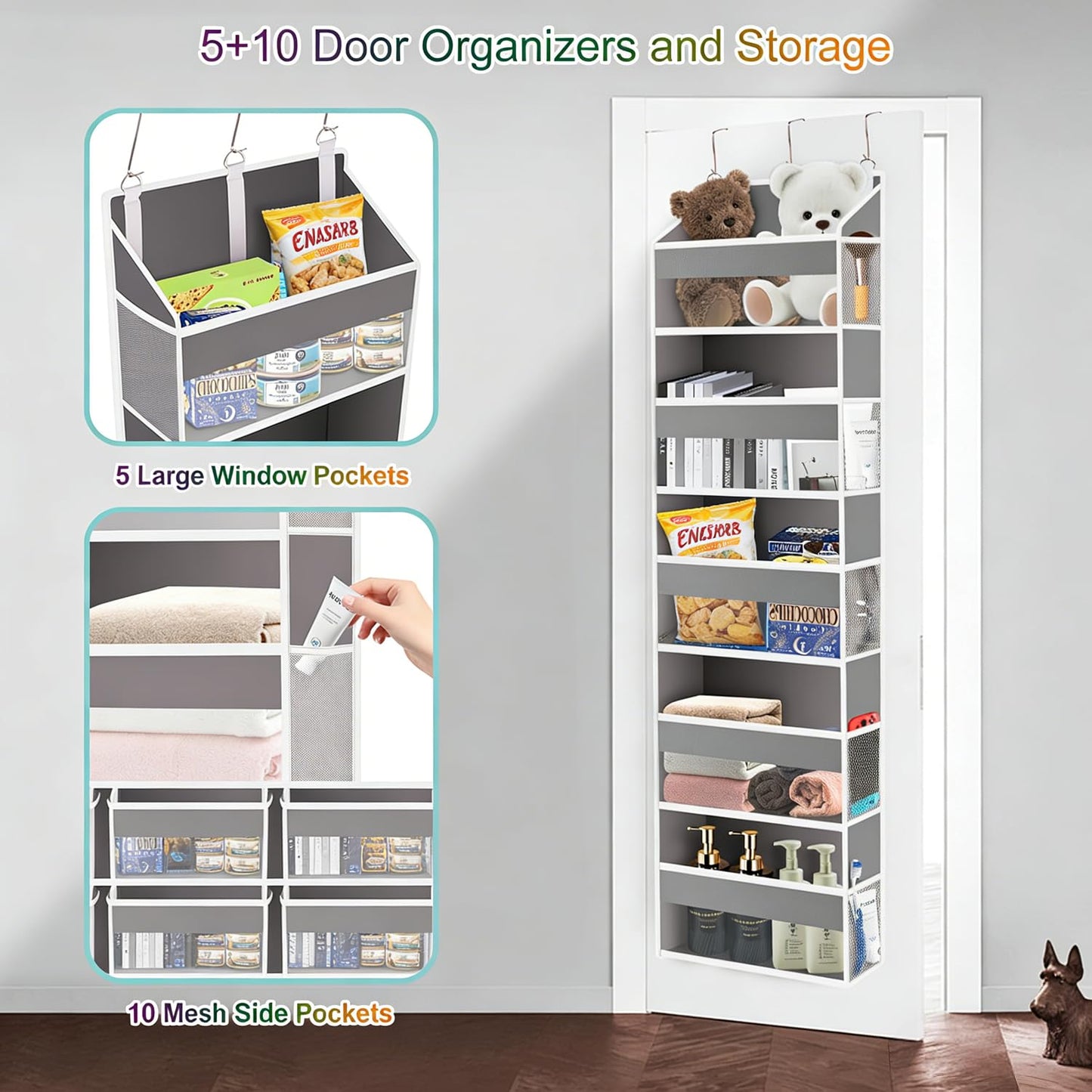 XiflLife Over The Door Organizer Closet,5 Bins 10 Side Pockets,Hanging Organizer,Anti Tilt 44 lbs Load Organizers and Storage with Clear Window for Bedroom,Nursery,Rv,Bathroom,Camper(Light Grey)