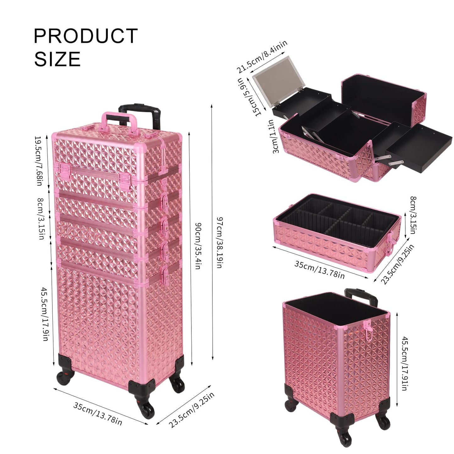 Rolling Makeup Train Case 6 in 1 with Mirror & Lock, Professional Makeup Travel Case, Large Cosmetic Organizer for Cosmetologists & Nails, Bonus 4 Replacement Wheels (6, Gold Pink Holographic)