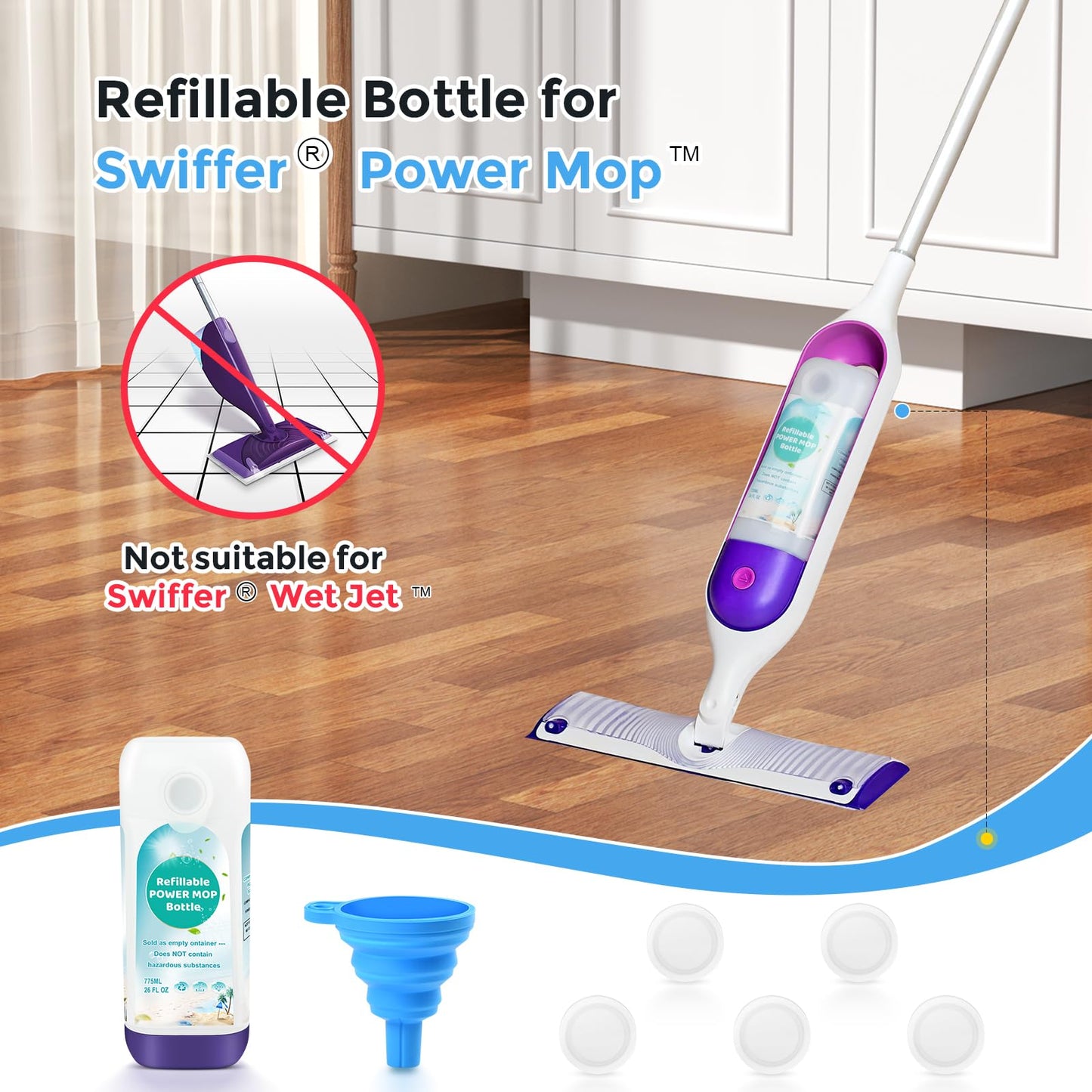Ndoge Power Mop™ Refillable Bottle for Swiffer® PowerMop™ Multi-Surface Mop, 775ML /26 FL OZ Leak-Proof HDPE Refillable Bottle Solution Powermop™ Reusable Solution Container Replacement