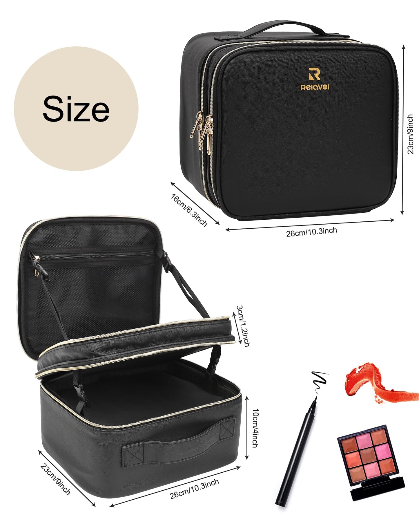 Chomeiu Makeup Bag with LED Mirror, 2 Layer Travel Makeup Case for Women and Makeup Artists Cosmetic Organizer Large Make Up Bags, 3 Color Lights, Adjustable Dividers and Brush Holder