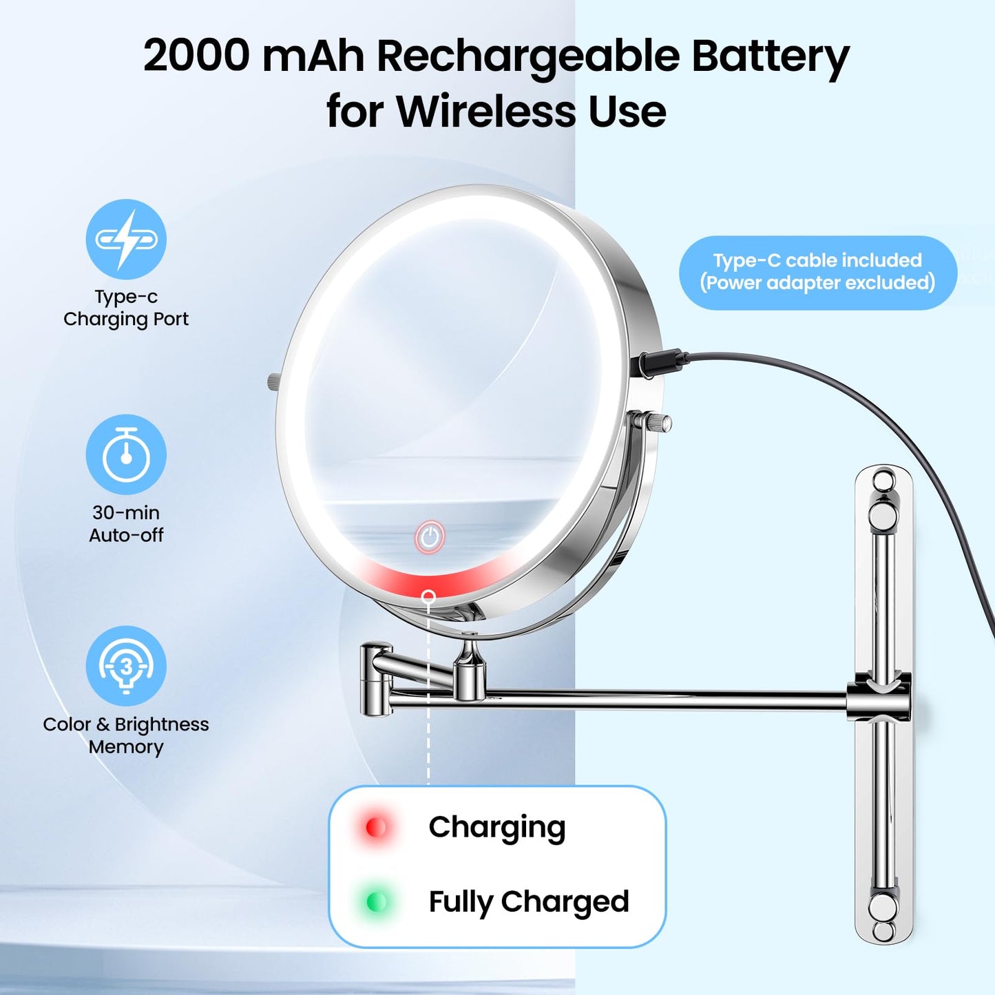 Gospire 8.5" Rechargeable Wall Mounted Lighted Makeup Mirror with Magnification 10X, Adjustable Brightness & Height, 3 Light Colors, 360° Rotation, Magnifying Mirror with Light for Women - Chrome