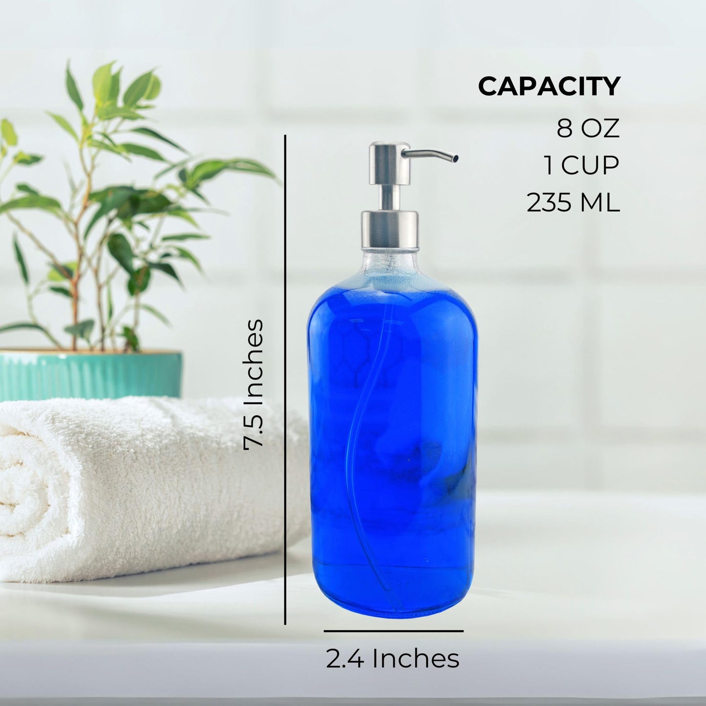 Cornucopia Brands 8oz Clear Glass Bottles w/Stainless Steel Lotion Pumps (4-Pack); Liquid Soap & Lotion Pump Dispensers