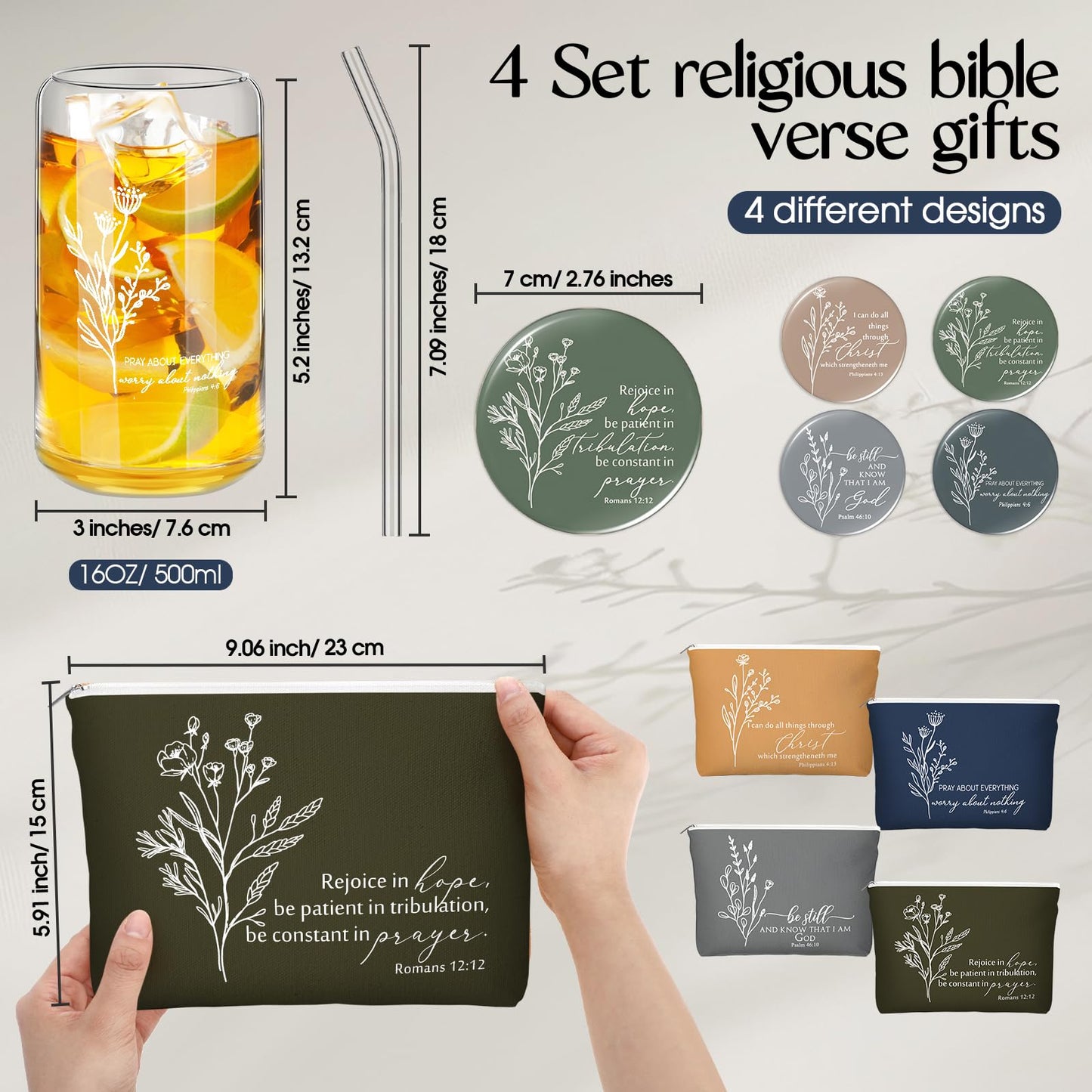 Fumete 4 Set Christian Gift for Women Bulk Religious Makeup Bag Bible Verse Glass Cup Mini Christian Compact Mirror Gifts for Church Members Women Basket Stuffers (Neutral Colors)