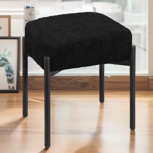 MOOWIND Vanity Stool Chair Faux Fur, 16.3"L x 12.8"W x 17.3"H Soft Ottoman, Makeup Chair Bench Furry Padded Seat with 4 Metal Legs, Footstool Multifunctional Chairs for Bedroom, Living Room, Black