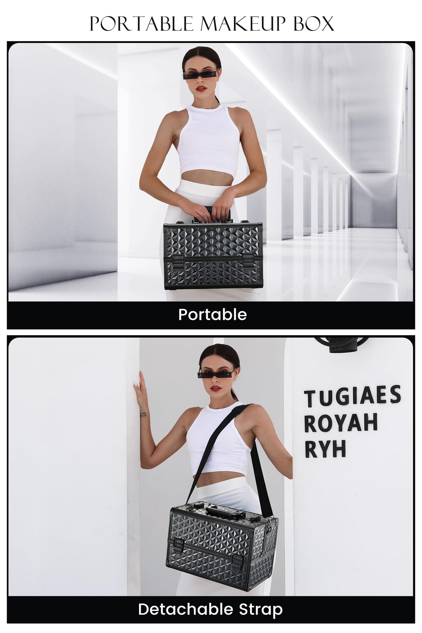 Joligrace Makeup Train Case Professional Cosmetic Organizer Aluminum Storage Box with 4 Adjustable Dividers Trays Lockable Portable with Shoulder Strap - Black