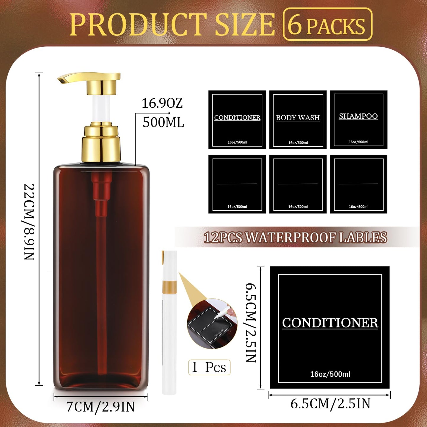 Gejoy 12 Pack Amber Shampoo and Conditioner Dispenser Bottles, 17 Oz/ 500ml Refillable Empty Pump Bottles with Labels and Marker Pen, Plastic Square Pump Dispenser Bottle for Bathroom Body Wash Shower