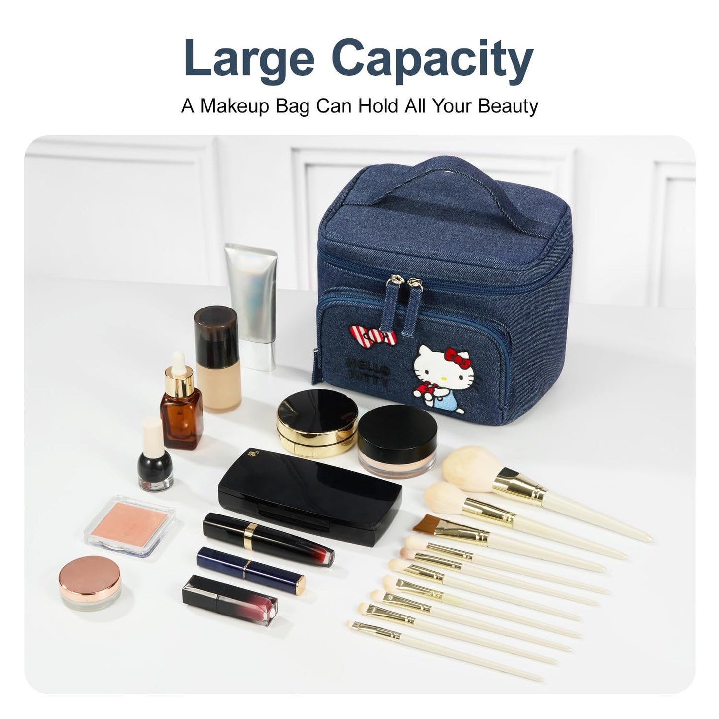 AmBealla Makeup Bag Large Cosmetic Bags,Denim Cute Embroidered Makeup Organizer for Women Traveling,Portable Toiletry Bag for Girls